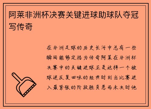 阿莱非洲杯决赛关键进球助球队夺冠写传奇