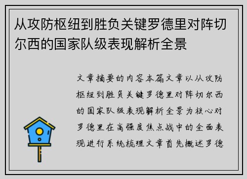 从攻防枢纽到胜负关键罗德里对阵切尔西的国家队级表现解析全景